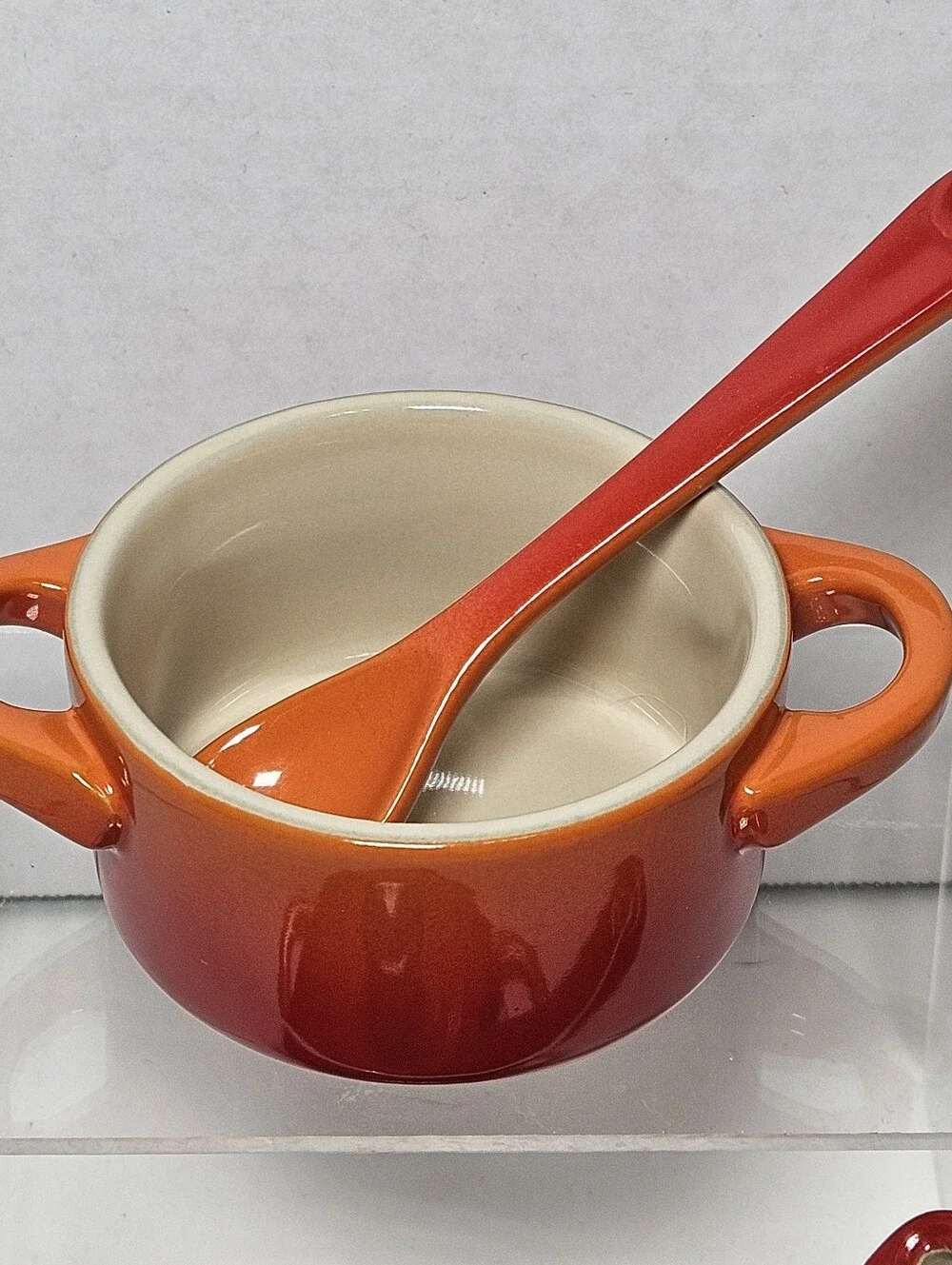 Le Creuset Mini Cocotte Set of 2 Flame Volcanic Orange Red w 2 Spoons 1 Lid